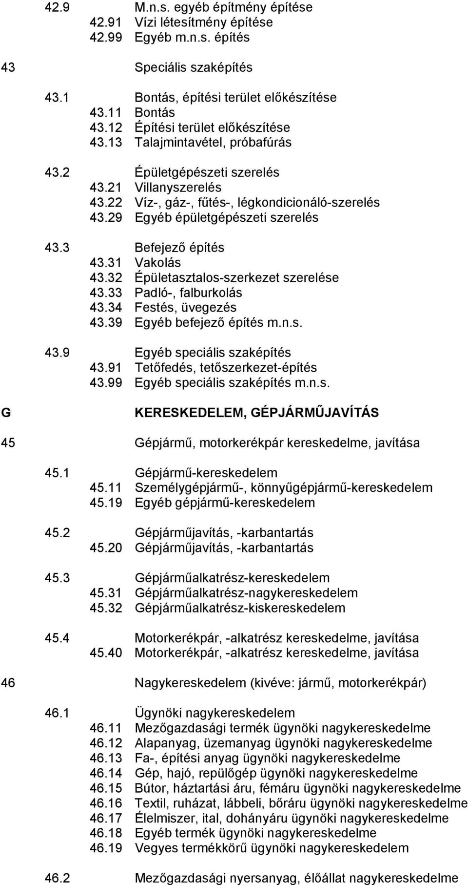 29 Egyéb épületgépészeti szerelés 43.3 Befejező építés 43.31 Vakolás 43.32 Épületasztalos-szerkezet szerelése 43.33 Padló-, falburkolás 43.34 Festés, üvegezés 43.39 Egyéb befejező építés m.n.s. 43.9 Egyéb speciális szaképítés 43.