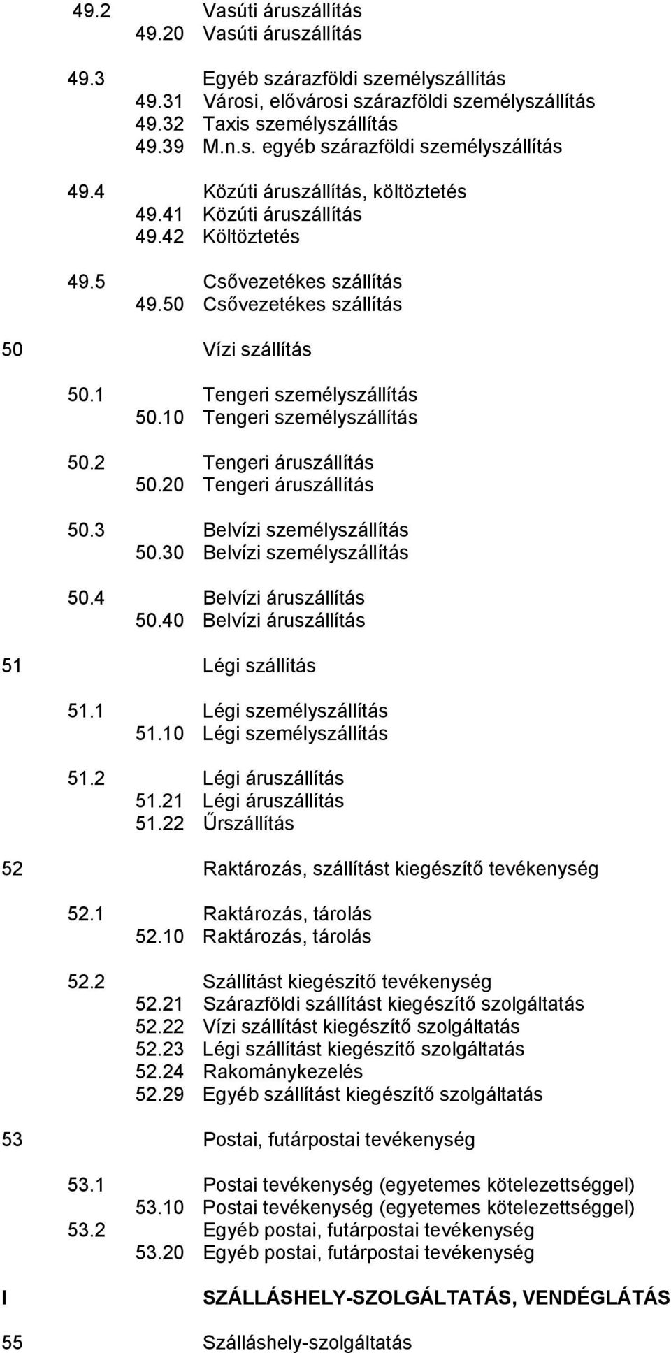 10 Tengeri személyszállítás 50.2 Tengeri áruszállítás 50.20 Tengeri áruszállítás 50.3 Belvízi személyszállítás 50.30 Belvízi személyszállítás 50.4 Belvízi áruszállítás 50.