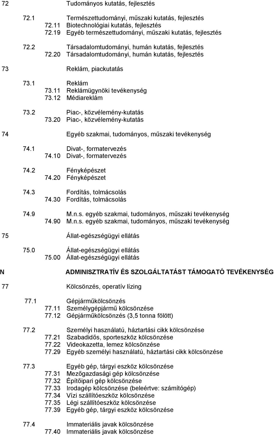 2 Piac-, közvélemény-kutatás 73.20 Piac-, közvélemény-kutatás 74 Egyéb szakmai, tudományos, műszaki tevékenység 74.1 Divat-, formatervezés 74.10 Divat-, formatervezés 74.2 Fényképészet 74.