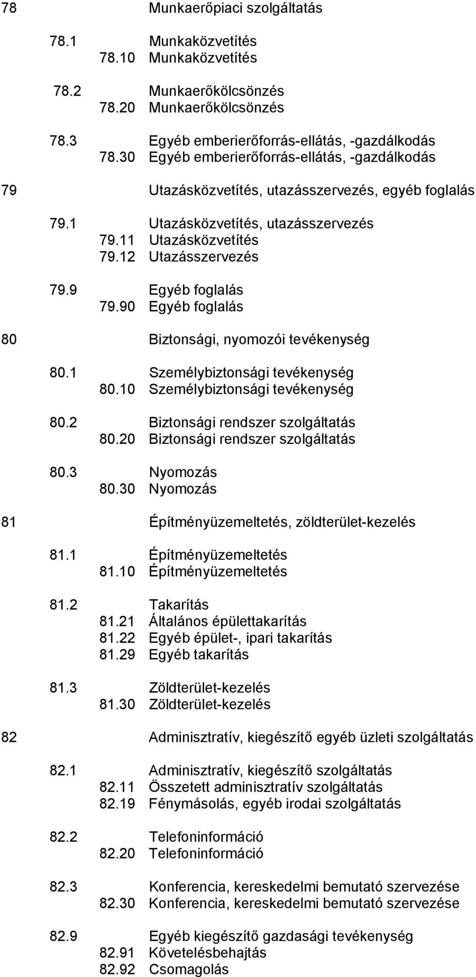 9 Egyéb foglalás 79.90 Egyéb foglalás 80 Biztonsági, nyomozói tevékenység 80.1 Személybiztonsági tevékenység 80.10 Személybiztonsági tevékenység 80.2 Biztonsági rendszer szolgáltatás 80.