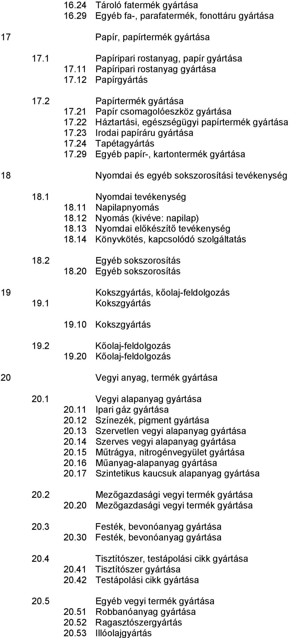 29 Egyéb papír-, kartontermék gyártása 18 Nyomdai és egyéb sokszorosítási tevékenység 18.1 Nyomdai tevékenység 18.11 Napilapnyomás 18.12 Nyomás (kivéve: napilap) 18.