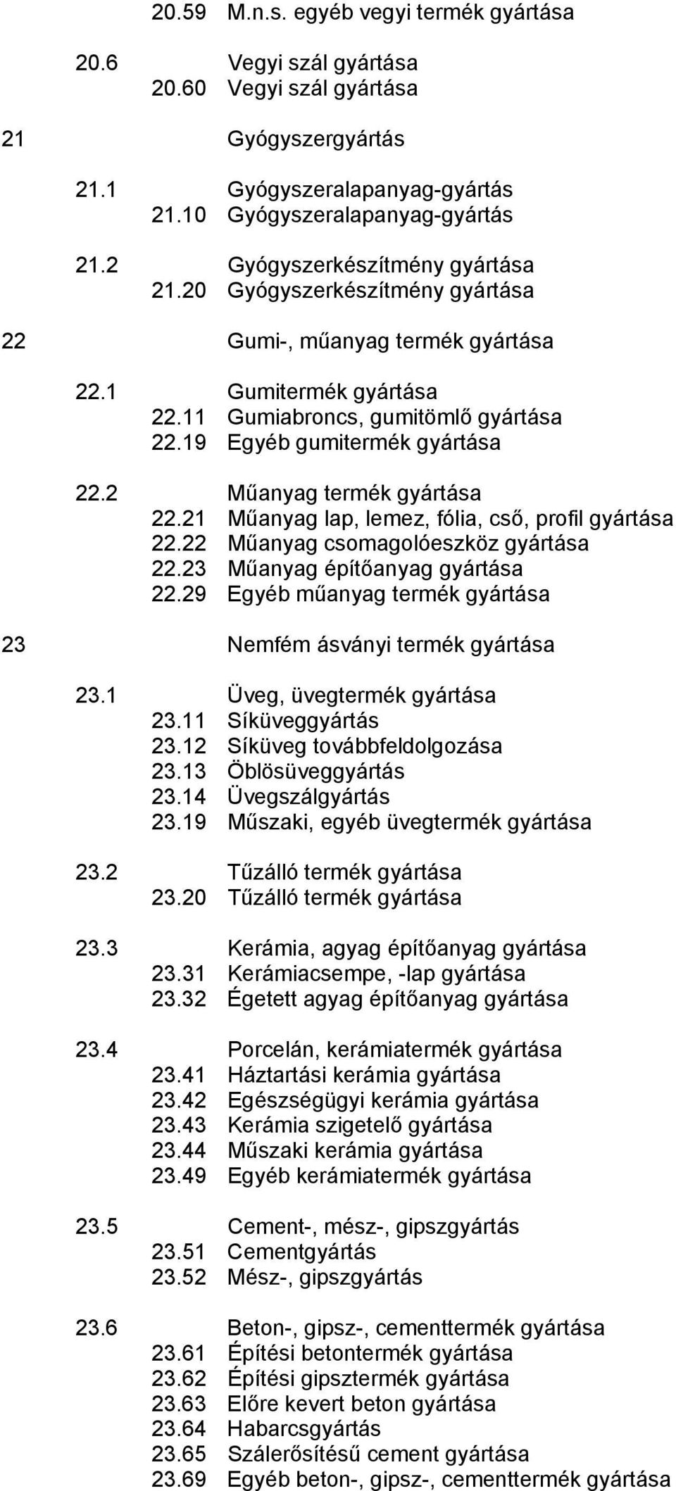 2 Műanyag termék gyártása 22.21 Műanyag lap, lemez, fólia, cső, profil gyártása 22.22 Műanyag csomagolóeszköz gyártása 22.23 Műanyag építőanyag gyártása 22.