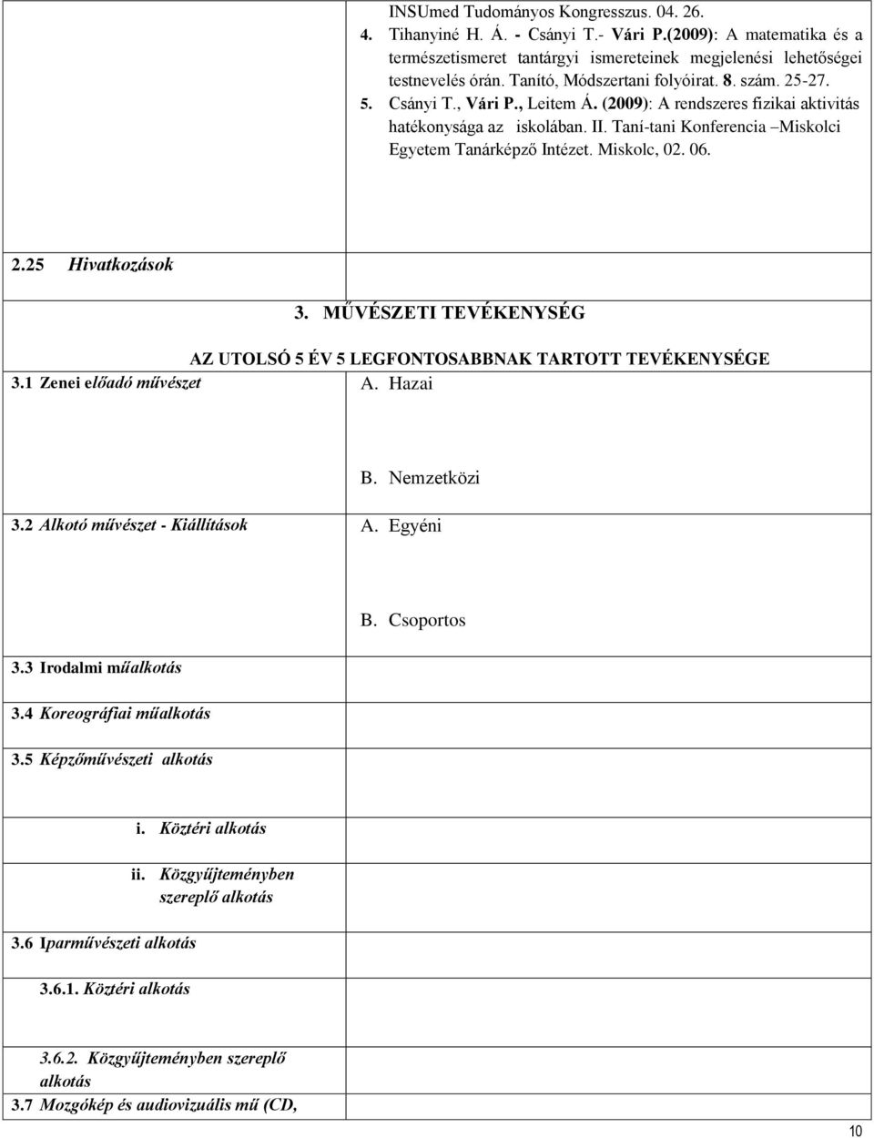 Taní-tani Konferencia Miskolci Egyetem Tanárképző Intézet. Miskolc, 02. 06. 2.25 Hivatkozások 3. MŰVÉSZETI TEVÉKENYSÉG AZ UTOLSÓ 5 ÉV 5 LEGFONTOSABBNAK TARTOTT TEVÉKENYSÉGE 3.