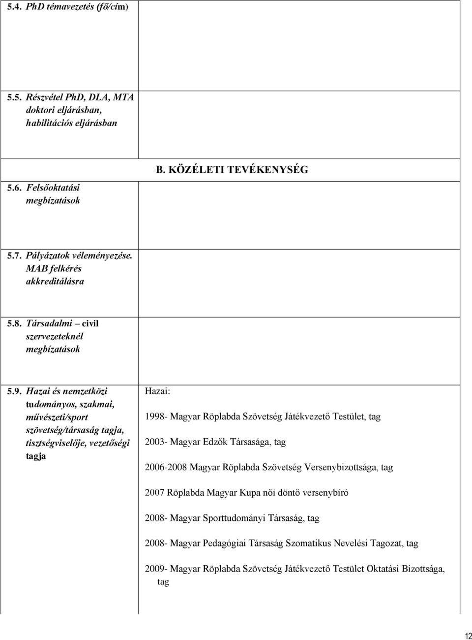 Hazai és nemzetközi tudományos, szakmai, művészeti/sport szövetség/társaság tagja, tisztségviselője, vezetőségi tagja Hazai: 1998- Magyar Röplabda Szövetség Játékvezető Testület, tag 2003- Magyar