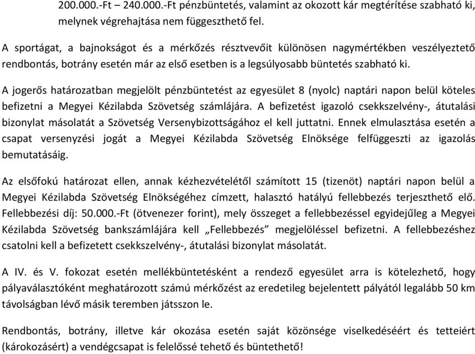 A jogerős határozatban megjelölt pénzbüntetést az egyesület 8 (nyolc) naptári napon belül köteles befizetni a Megyei Kézilabda Szövetség számlájára.