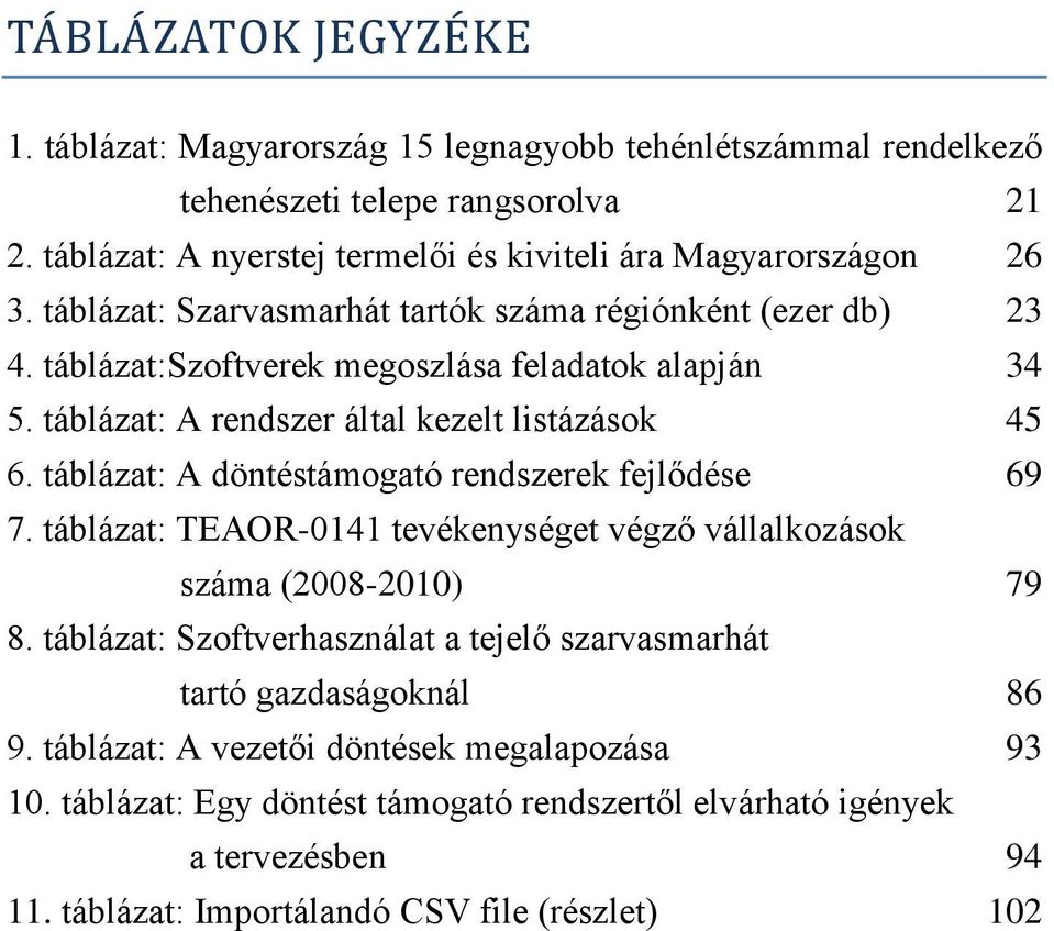 táblázat: A rendszer által kezelt listázások 45 6. táblázat: A döntéstámogató rendszerek fejlődése 69 7. táblázat: TEAOR-0141 tevékenységet végző vállalkozások száma (2008-2010) 79 8.