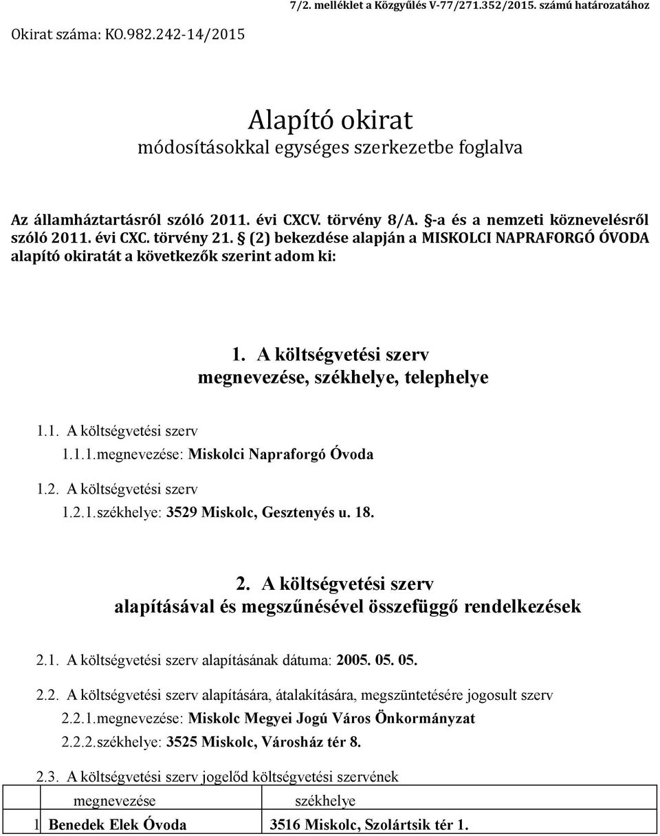 A költségvetési szerv megnevezése, székhelye, telephelye 1.1. A költségvetési szerv 1.1.1.megnevezése: Miskolci Napraforgó Óvoda 1.2. A költségvetési szerv 1.2.1.székhelye: 3529 Miskolc, Gesztenyés u.