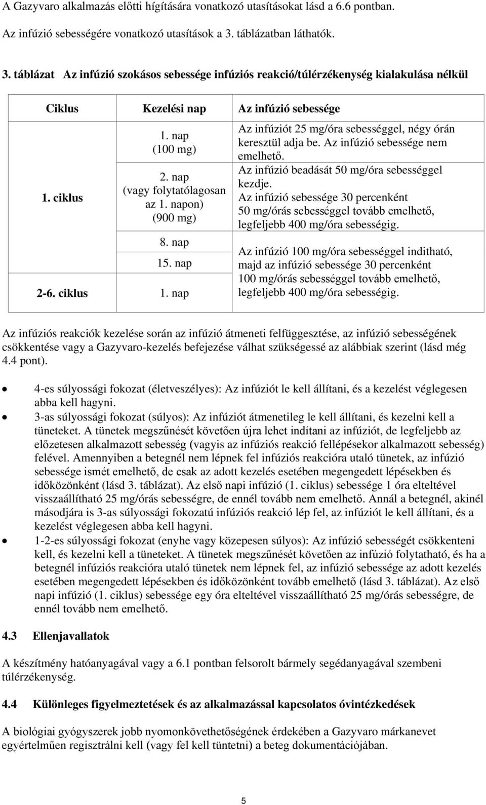 nap (vagy folytatólagosan az 1. napon) (900 mg) 8. nap 15. nap 2-6. ciklus 1. nap Az infúziót 25 mg/óra sebességgel, négy órán keresztül adja be. Az infúzió sebessége nem emelhető.