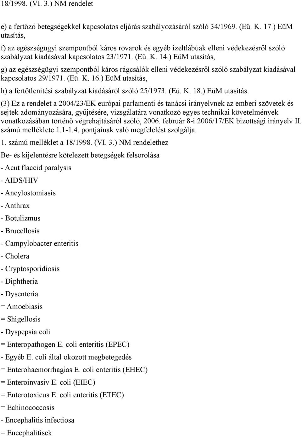 ) EüM utasítás, g) az egészségügyi szempontból káros rágcsálók elleni védekezésről szóló szabályzat kiadásával kapcsolatos 29/1971. (Eü. K. 16.