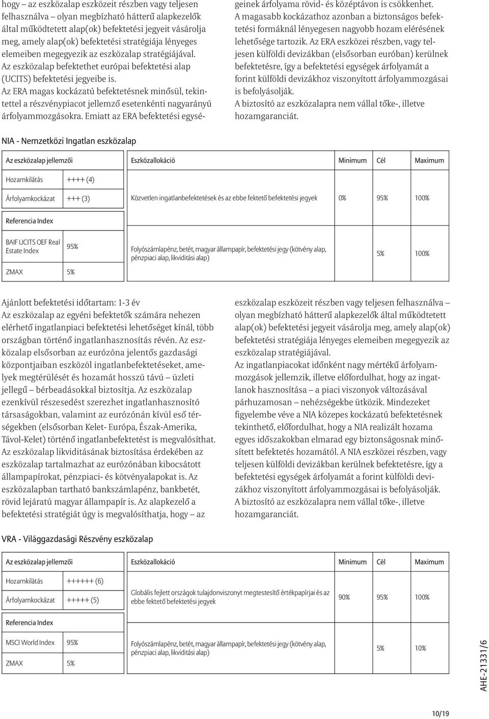 Az ERA magas kockázatú befektetésnek minõsül, tekintettel a részvénypiacot jellemzõ esetenkénti nagyarányú árfolyammozgásokra.