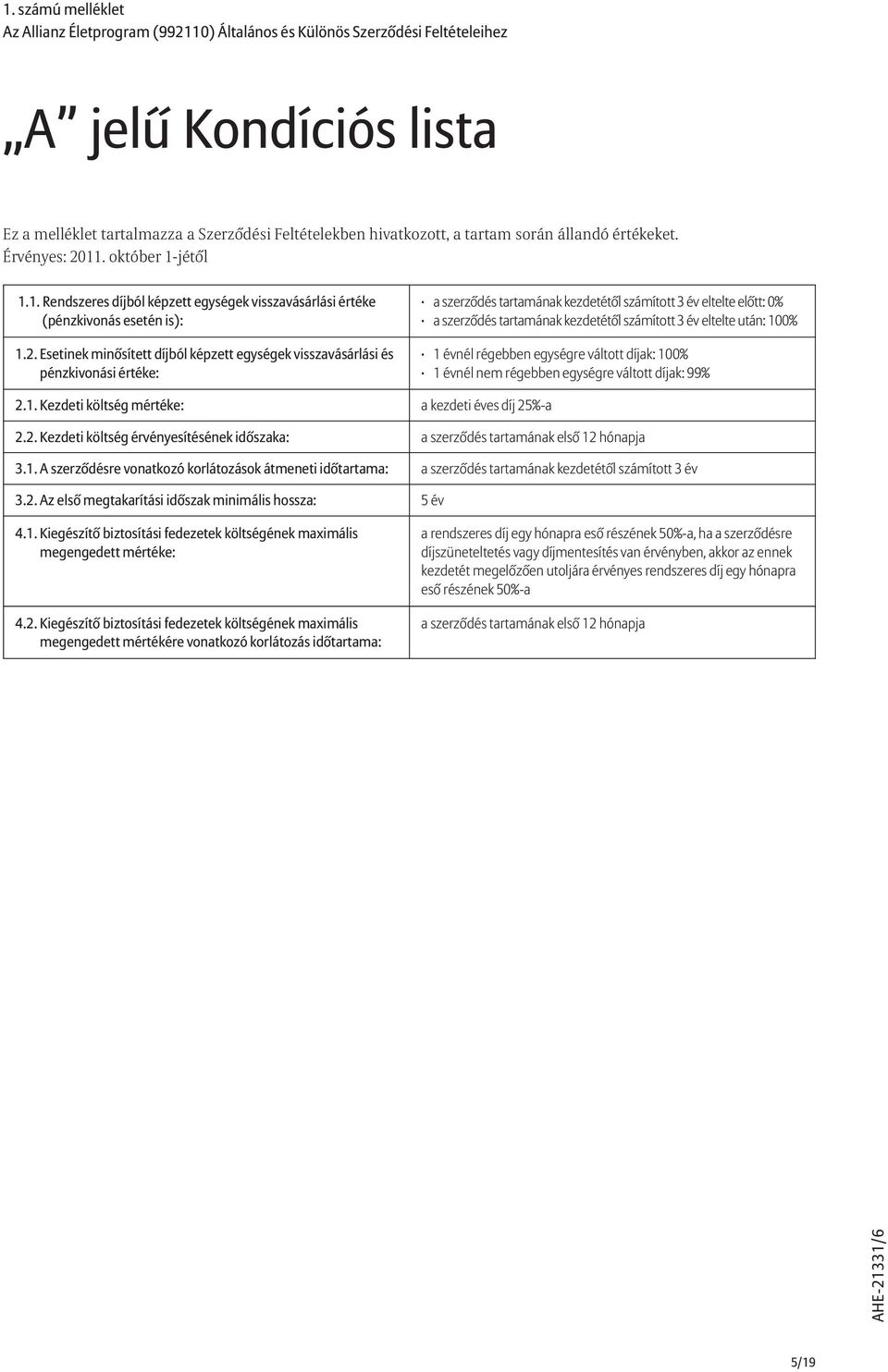 11. október 1-jétõl 1.1. Rendszeres díjból képzett egységek visszavásárlási értéke (pénzkivonás esetén is): 1.2.