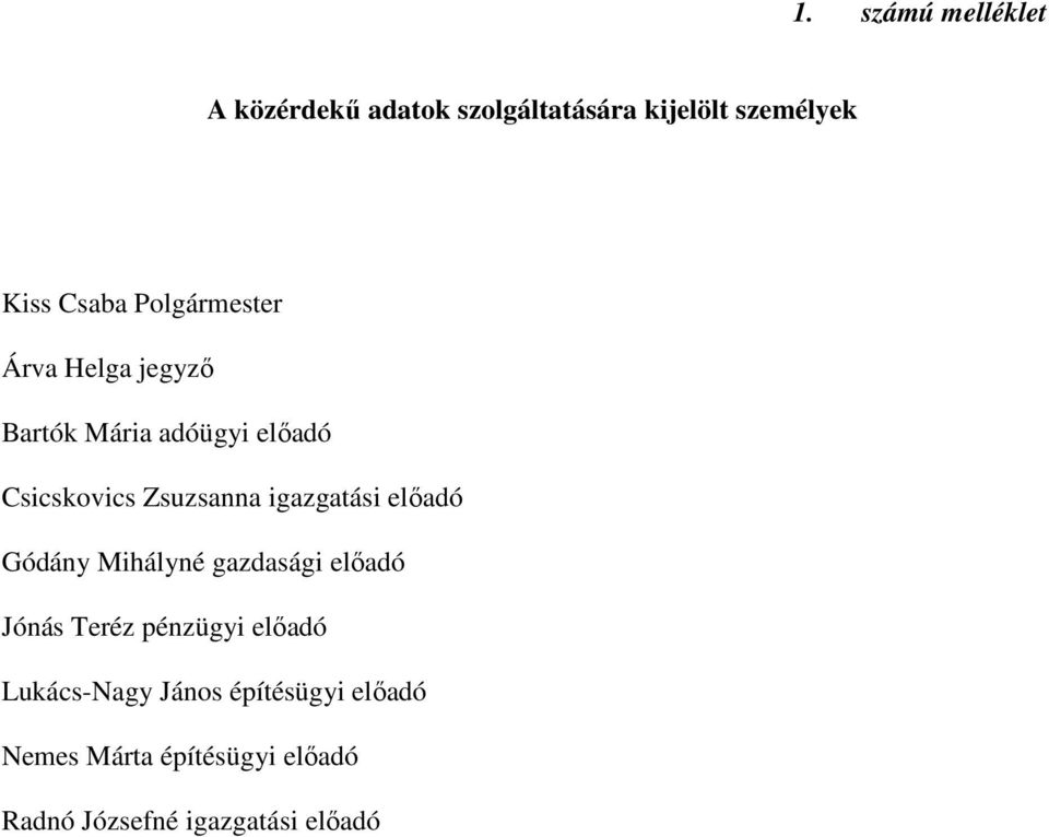 igazgatási előadó Gódány Mihályné gazdasági előadó Jónás Teréz pénzügyi előadó