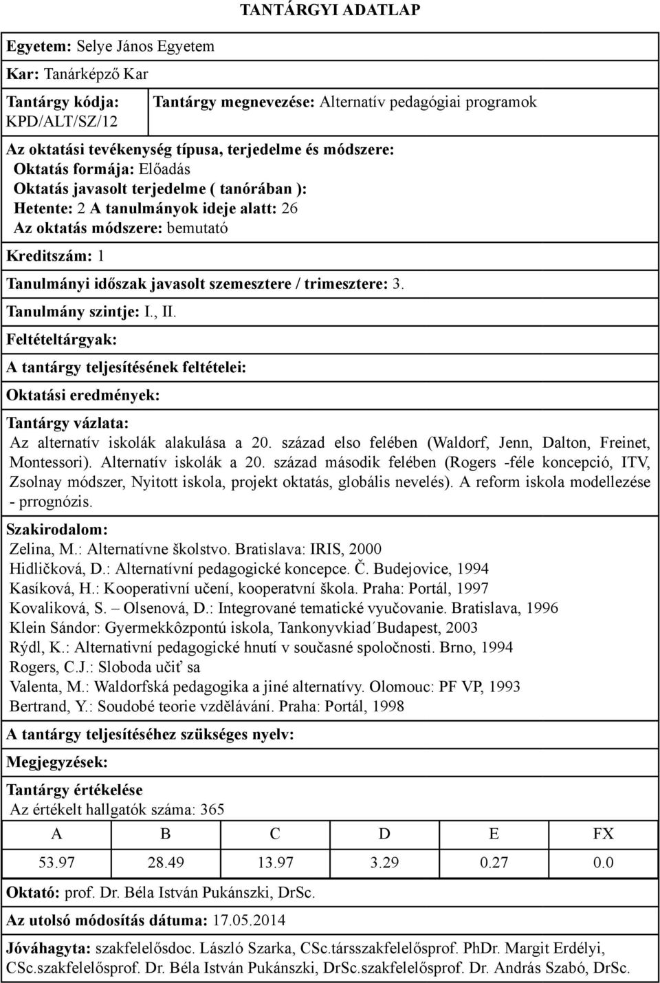 század második felében (Rogers -féle koncepció, ITV, Zsolnay módszer, Nyitott iskola, projekt oktatás, globális nevelés). A reform iskola modellezése - prrognózis. Zelina, M.: Alternatívne školstvo.