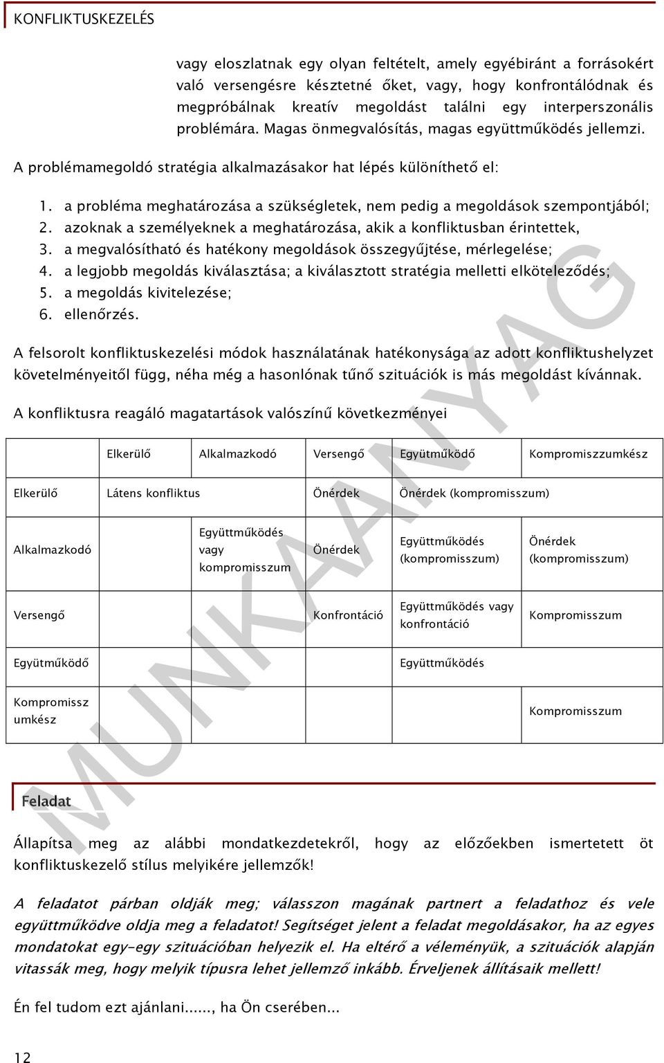 a probléma meghatározása a szükségletek, nem pedig a megoldások szempontjából; 2. azoknak a személyeknek a meghatározása, akik a konfliktusban érintettek, 3.