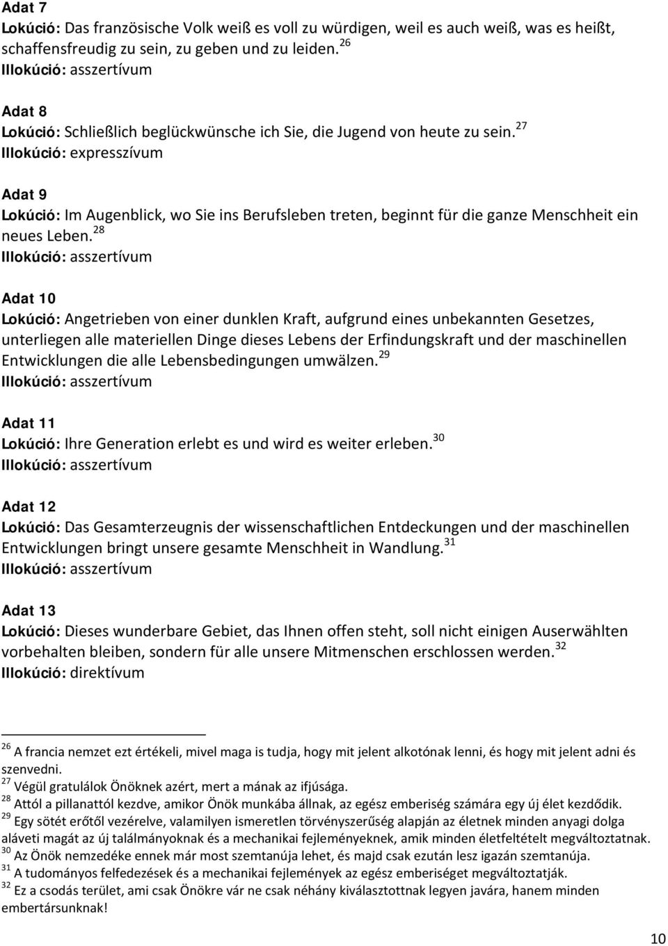 27 Illokúció: expresszívum Adat 9 Lokúció: Im Augenblick, wo Sie ins Berufsleben treten, beginnt für die ganze Menschheit ein neues Leben.