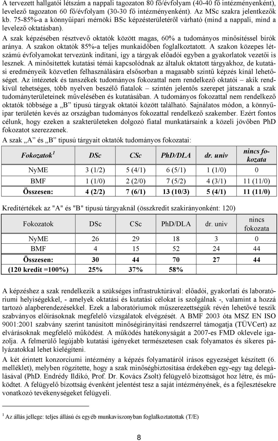 A szakon oktatók 85%-a teljes munkaidőben foglalkoztatott. A szakon közepes létszámú évfolyamokat tervezünk indítani, így a tárgyak előadói egyben a gyakorlatok vezetői is lesznek.