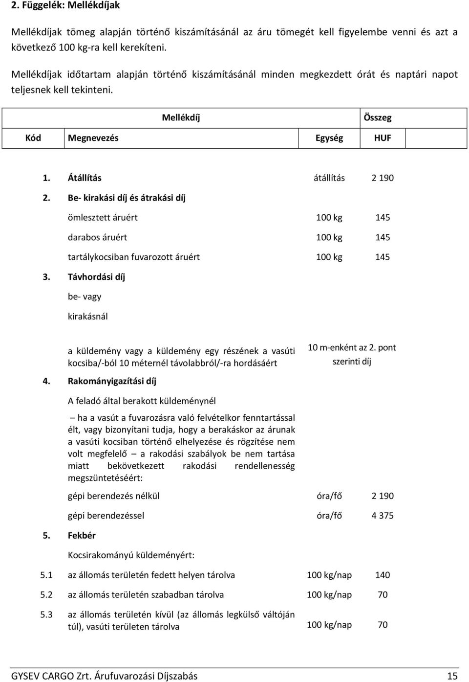 Be- kirakási díj és átrakási díj ömlesztett áruért 100 kg 145 darabos áruért 100 kg 145 tartálykocsiban fuvarozott áruért 100 kg 145 3.