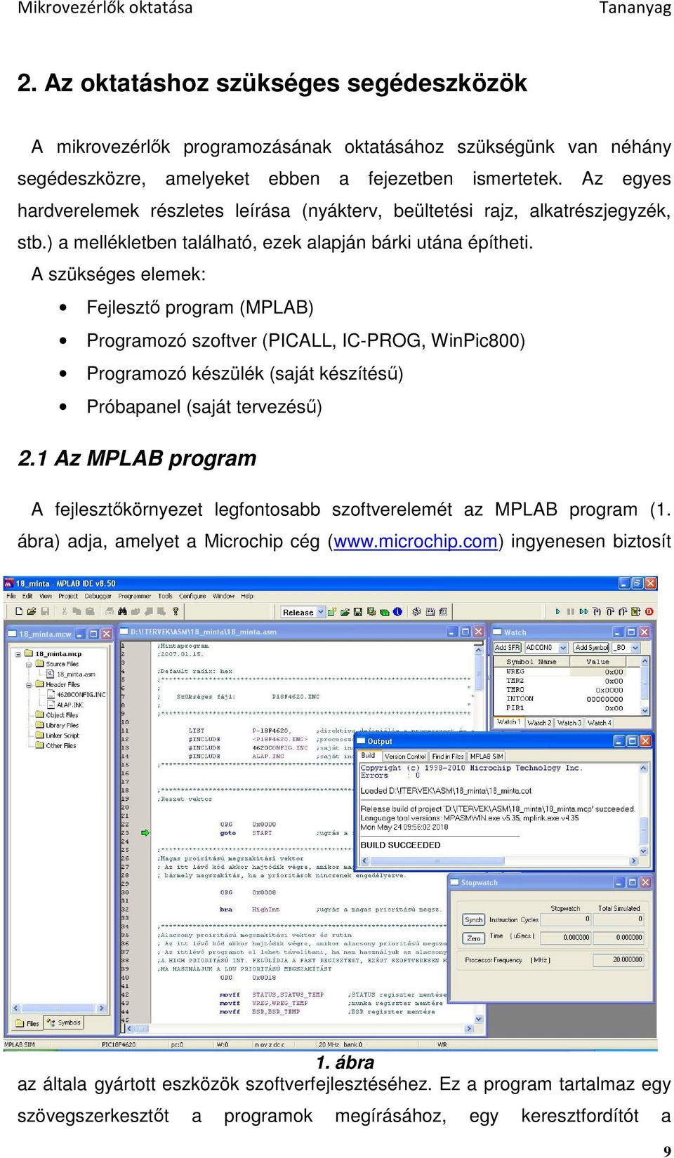 A szükséges elemek: Fejlesztı program (MPLAB) Programozó szoftver (PICALL, IC-PROG, WinPic800) Programozó készülék (saját készítéső) Próbapanel (saját tervezéső) 2.