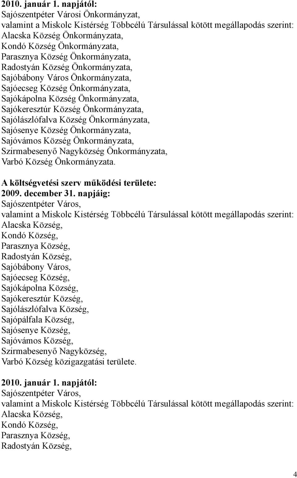 Önkormányzata, Radostyán Község Önkormányzata, Sajóbábony Város Önkormányzata, Sajóecseg Község Önkormányzata, Sajókápolna Község Önkormányzata, Sajókeresztúr Község Önkormányzata, Sajólászlófalva