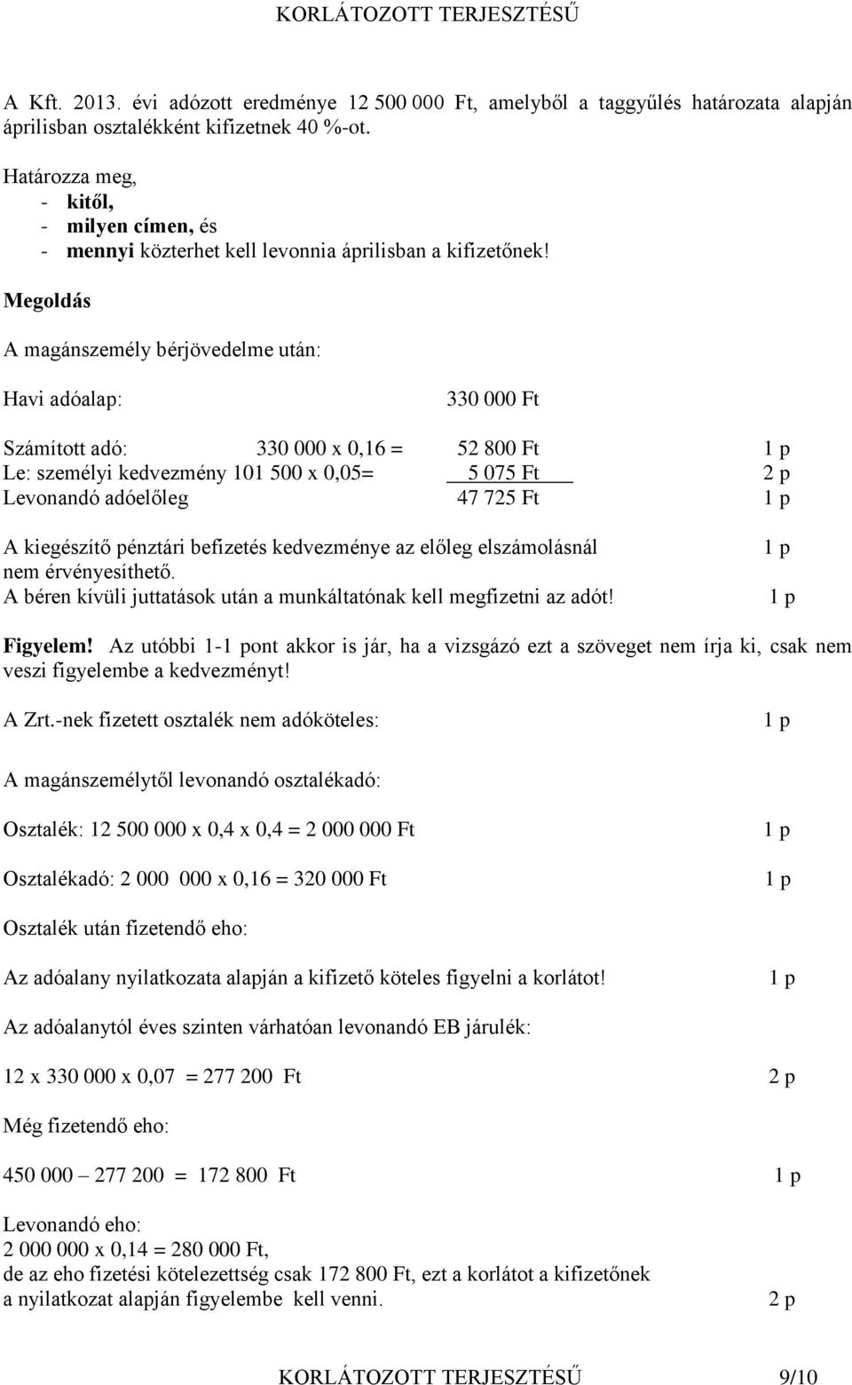 Megoldás A magánszemély bérjövedelme után: Havi adóalap: 330 000 Ft Számított adó: 330 000 x 0,16 = 52 800 Ft Le: személyi kedvezmény 101 500 x 0,05= 5 075 Ft 2 p Levonandó adóelőleg 47 725 Ft A