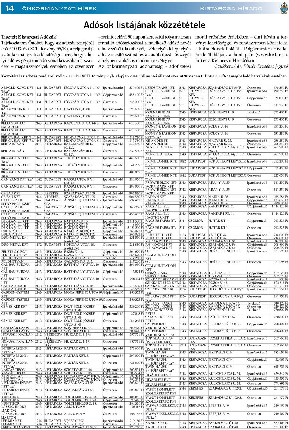 napon keresztül folyamatosan fennálló adótartozással rendelkező adózó nevét (elnevezését), lakóhelyét, székhelyét, telephelyét, adóazonosító számát és az adótartozás összegét a helyben szokásos módon