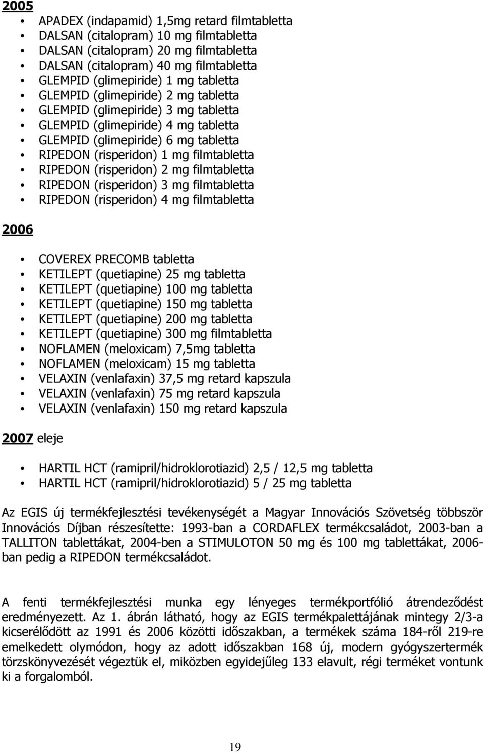 (risperidon) 2 mg filmtabletta RIPEDON (risperidon) 3 mg filmtabletta RIPEDON (risperidon) 4 mg filmtabletta 2006 COVEREX PRECOMB tabletta KETILEPT (quetiapine) 25 mg tabletta KETILEPT (quetiapine)