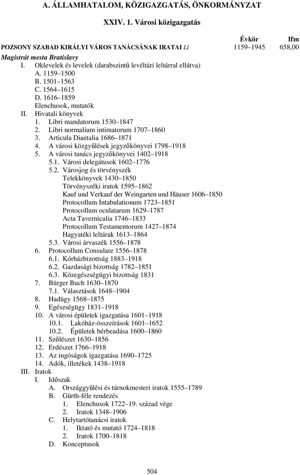 Libri normalium intimatorum 1707 1860 3. Articula Diaetalia 1686 1871 4. A városi közgyűlések jegyzőkönyvei 1798 1918 5. A városi tanács jegyzőkönyvei 1402 