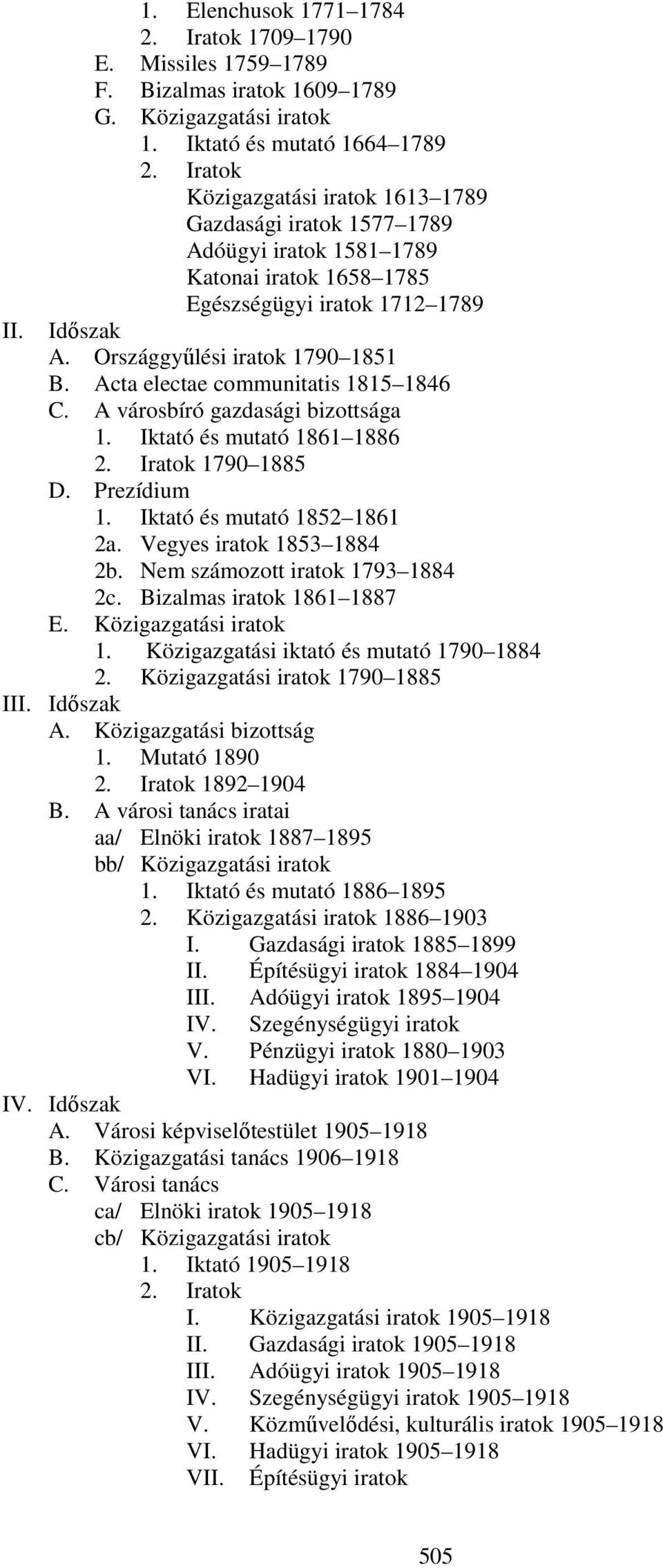 Acta electae communitatis 1815 1846 C. A városbíró gazdasági bizottsága 1. Iktató és mutató 1861 1886 2. Iratok 1790 1885 D. Prezídium 1. Iktató és mutató 1852 1861 2a. Vegyes iratok 1853 1884 2b.