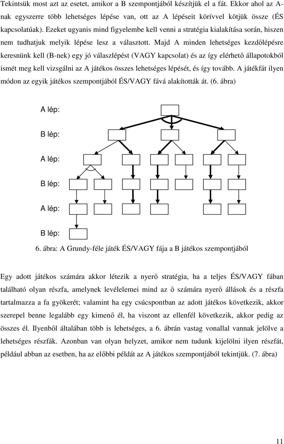 Majd A minden lehetséges kezdőlépésre keresnünk kell (B-nek) egy jó válaszlépést (VAGY kapcsolat) és az így elérhető állapotokból ismét meg kell vizsgálni az A játékos összes lehetséges lépését, és