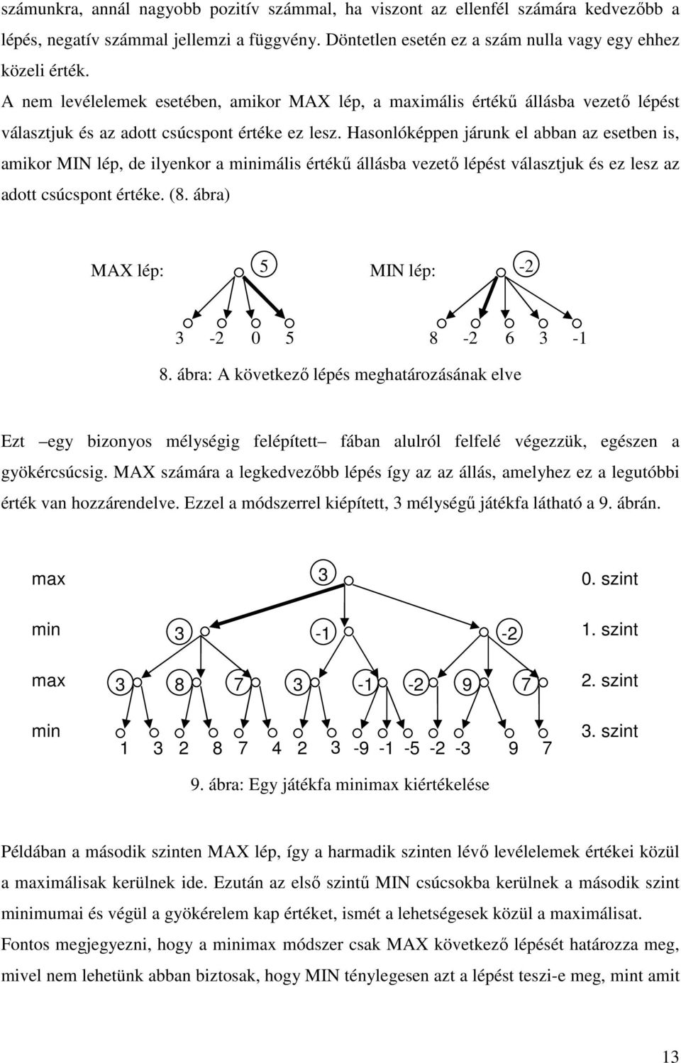 Hasonlóképpen járunk el abban az esetben is, amikor MIN lép, de ilyenkor a minimális értékű állásba vezető lépést választjuk és ez lesz az adott csúcspont értéke. (8.