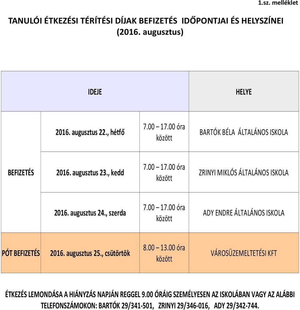 , szerda ADY ENDRE ÁLTALÁNOS ISKOLA között 8.00 13.00 óra PÓT BEFIZETÉS 2016. augusztus 25.