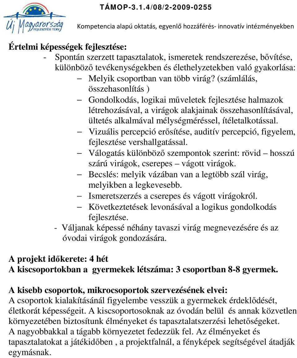 Vizuális percepció erősítése, auditív percepció, figyelem, fejlesztése vershallgatással. Válogatás különböző szempontok szerint: rövid hosszú szárú virágok, cserepes vágott virágok.