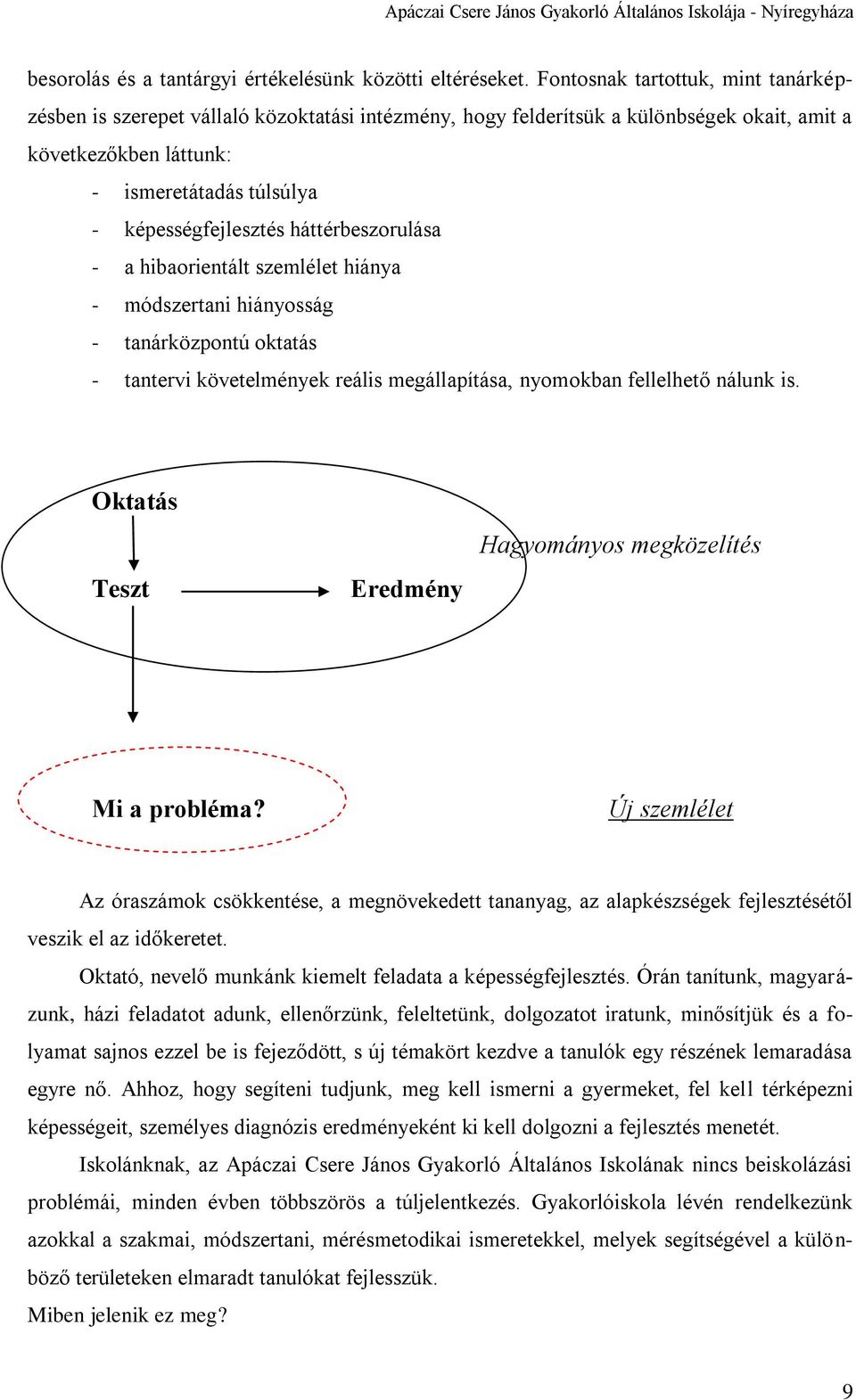 háttérbeszorulása - a hibaorientált szemlélet hiánya - módszertani hiányosság - tanárközpontú oktatás - tantervi követelmények reális megállapítása, nyomokban fellelhető nálunk is.