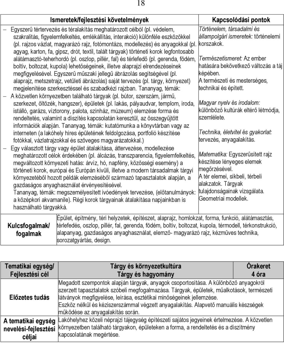 oszlop, pillér, fal) és térlefedő (pl. gerenda, födém, boltív, boltozat, kupola) lehetőségeinek, illetve alaprajzi elrendezéseinek megfigyelésével. Egyszerű műszaki jellegű ábrázolás segítségével (pl.