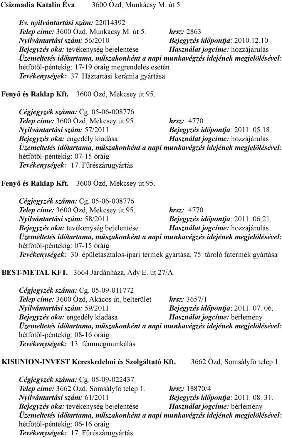 Háztartási kerámia gyártása Fenyő és Raklap Kft. 3600 Ózd, Mekcsey út 95. Cégjegyzék száma: Cg. 05-06-008776 Telep címe: 3600 Ózd, Mekcsey út 95.