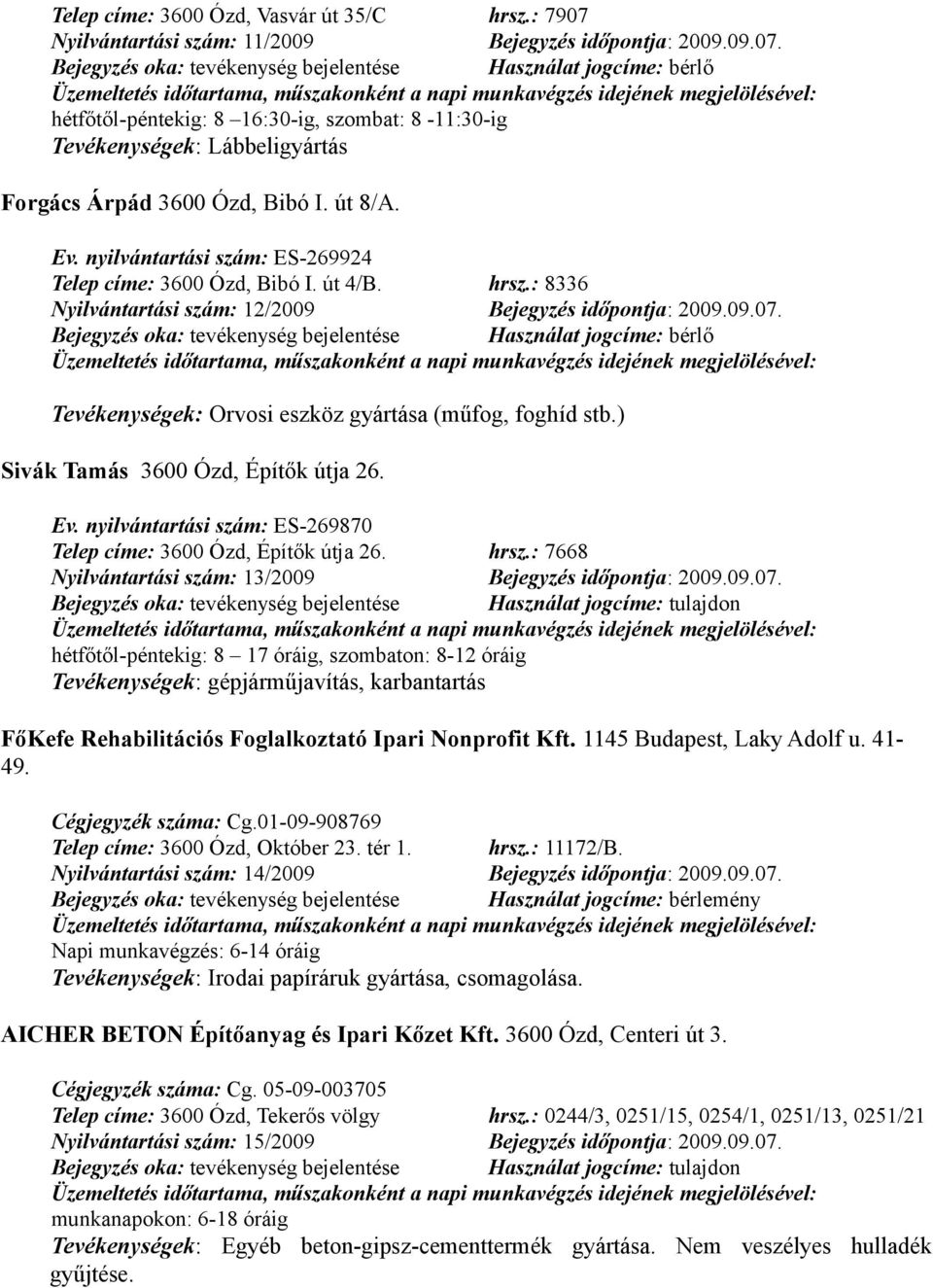 Bejegyzés oka: tevékenység bejelentése Használat jogcíme: bérlő hétfőtől-péntekig: 8 16:30-ig, szombat: 8-11:30-ig Tevékenységek: Lábbeligyártás Forgács Árpád 3600 Ózd, Bibó I. út 8/A. Ev.