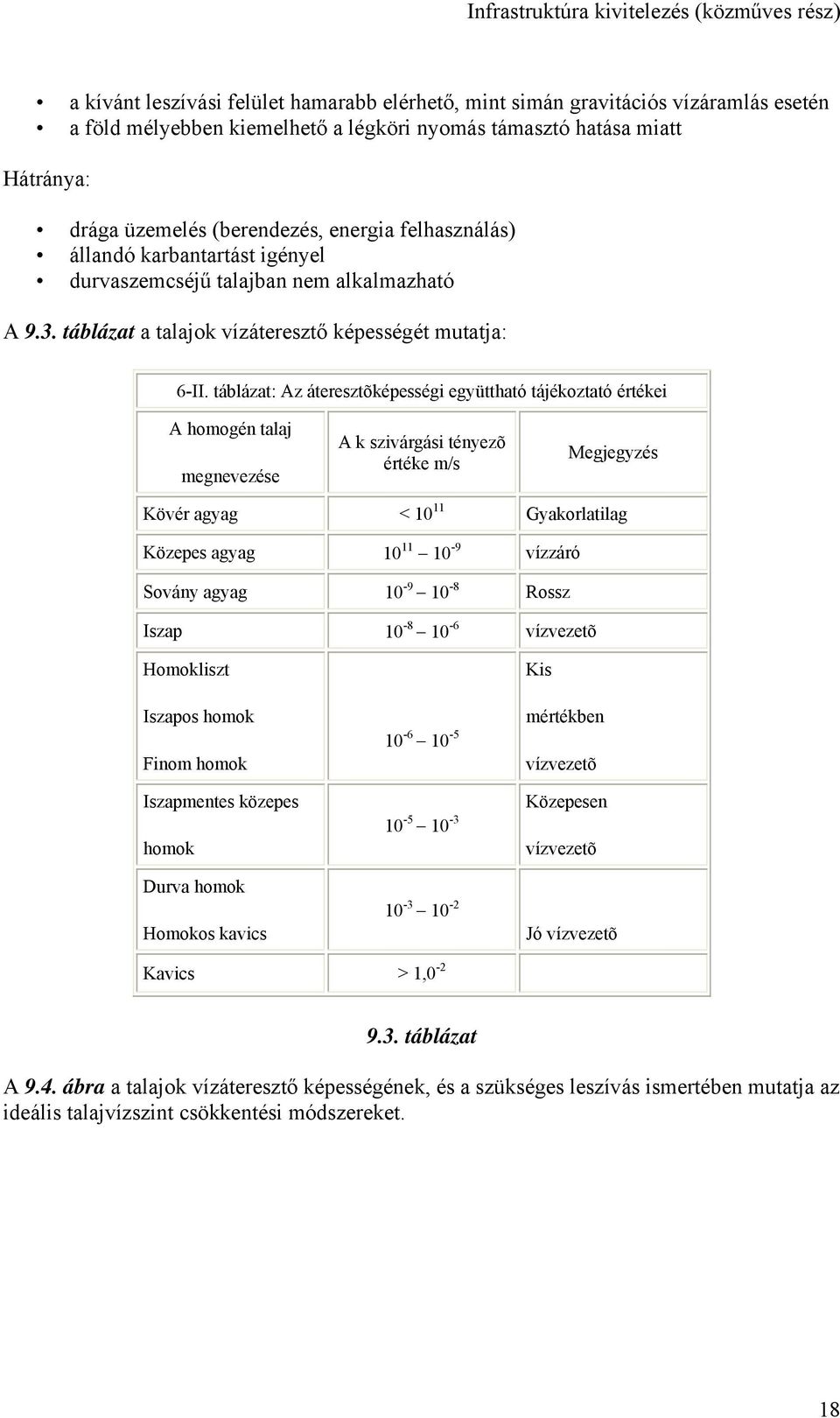 táblázat: Az áteresztõképességi együttható tájékoztató értékei A homogén talaj megnevezése A k szivárgási tényezõ értéke m/s Megjegyzés Kövér agyag < 10 11 Gyakorlatilag Közepes agyag 10 11 10-9