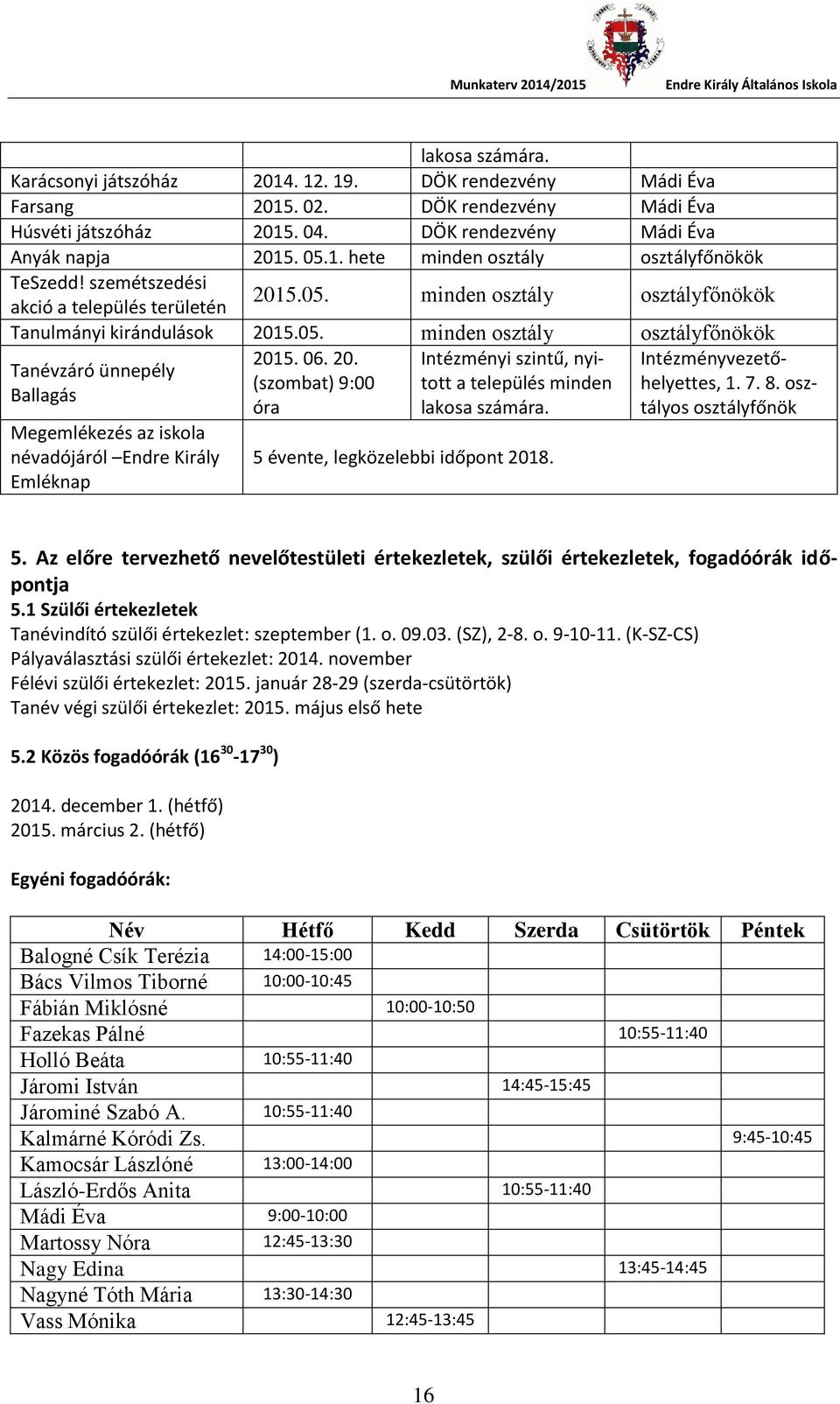 Megemlékezés az iskola névadójáról Endre Király Emléknap 5 évente, legközelebbi időpont 2018. Intézményvezetőhelyettes, 1. 7. 8. osztályos osztályfőnök 5.