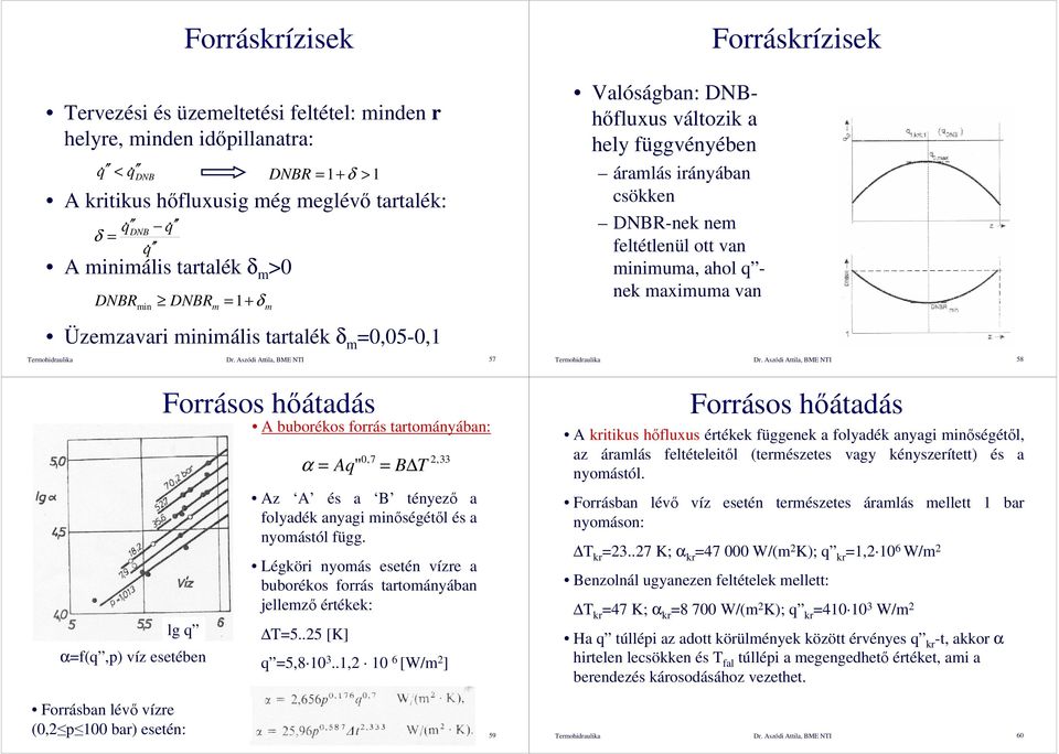 Aszódi Attila, BME NTI 57 Forrásos hıátadás lg q α=f(q,p) víz esetében A buborékos forrás tartományában: α = Aq 0,7 2,33 " = B T Az A és a B tényezı a folyadék anyagi minıségétıl és a nyomástól függ.