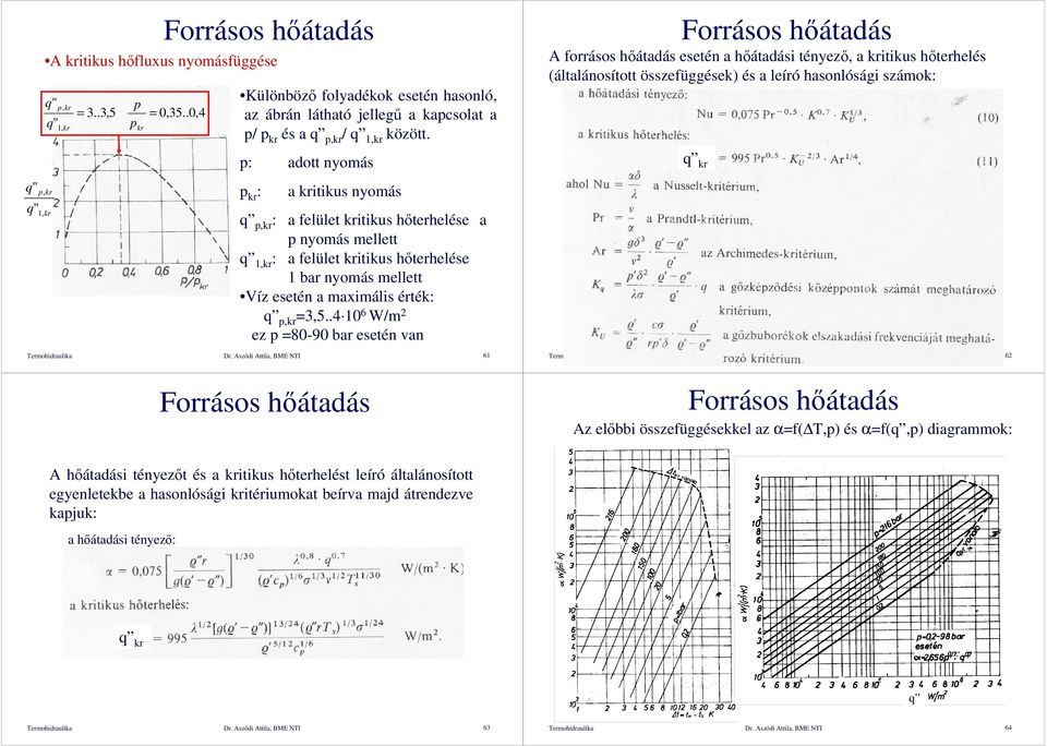 p: adott nyomás p kr : a kritikus nyomás q p,kr : a felület kritikus hıterhelése a p nyomás mellett q 1,kr : a felület kritikus hıterhelése 1 bar nyomás mellett Víz esetén a maximális érték: q p,kr