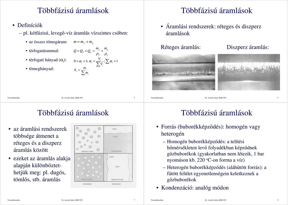 αi = 1 Vi m& i X i = m& i Többfázisú áramlások Áramlási rendszerek: réteges és diszperz áramlások Réteges áramlás: Diszperz áramlás: Termohidraulika Dr. Aszódi Attila, BME NTI 5 Termohidraulika Dr.