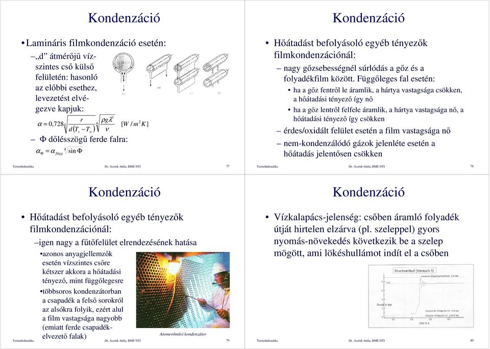 Függıleges fal esetén: ha a gız fentrıl le áramlik, a hártya vastagsága csökken, a hıátadási tényezı így nı ha a gız lentrıl felfele áramlik, a hártya vastagsága nı, a hıátadási tényezı így csökken