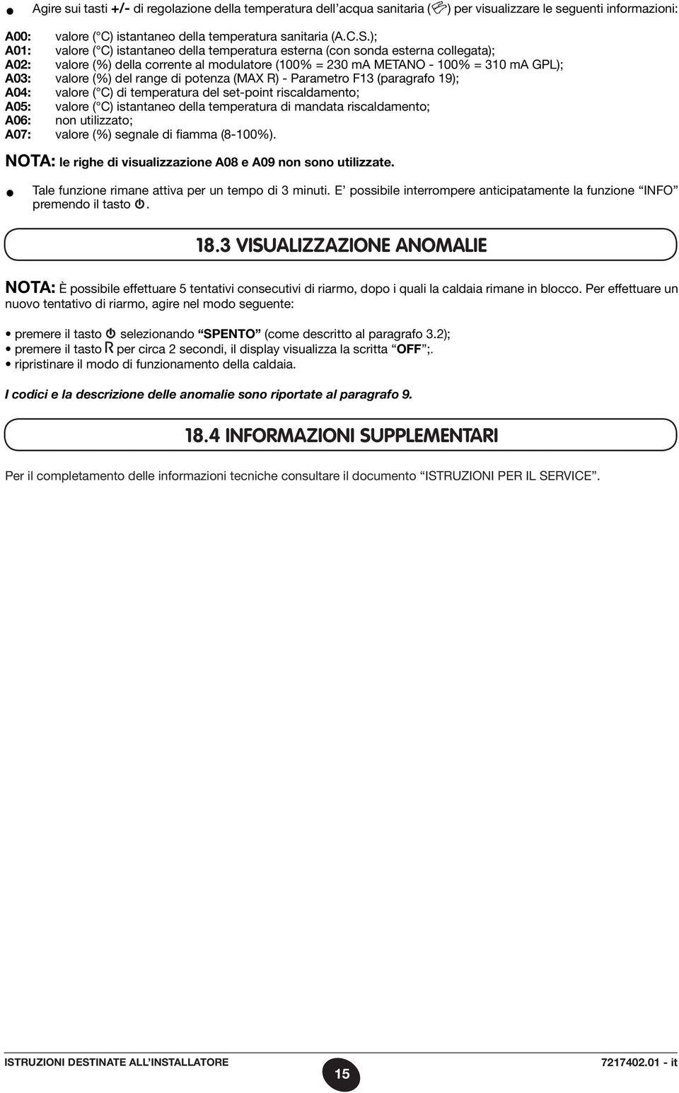 range di potenza (MAX R) - Parametro F13 (paragrafo 19); A04: valore ( C) di temperatura del set-point riscaldamento; A05: valore ( C) istantaneo della temperatura di mandata riscaldamento; A06: non