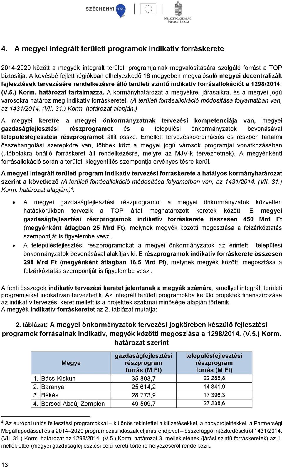 határozat tartalmazza. A kormányhatározat a megyékre, járásaikra, és a megyei jogú városokra határoz meg indikatív forráskeretet. (A területi forrásallokáció módosítása folyamatban van, az 1431/2014.