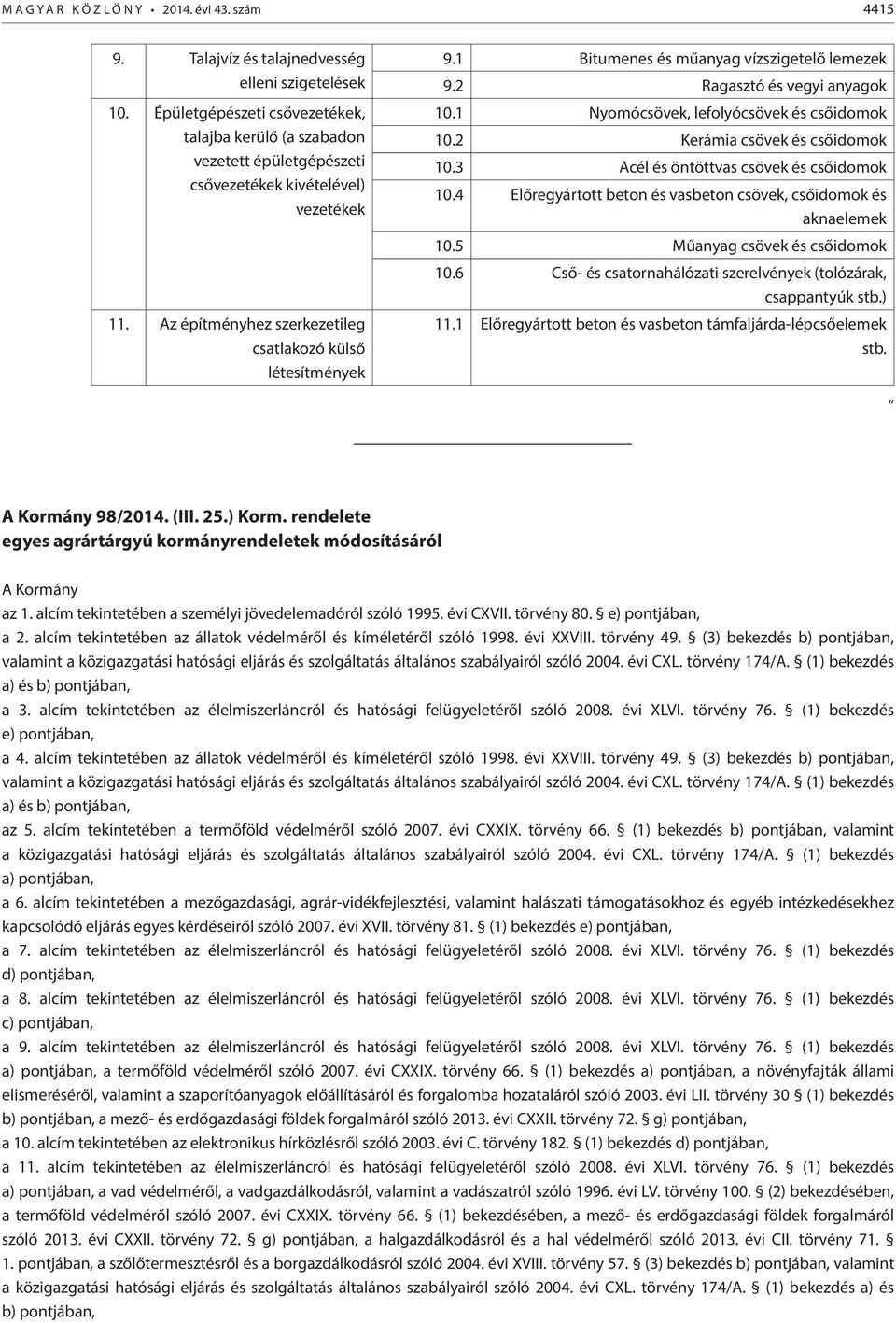 1 Bitumenes és műanyag vízszigetelő lemezek 9.2 Ragasztó és vegyi anyagok 10.1 Nyomócsövek, lefolyócsövek és csőidomok 10.2 Kerámia csövek és csőidomok 10.3 Acél és öntöttvas csövek és csőidomok 10.