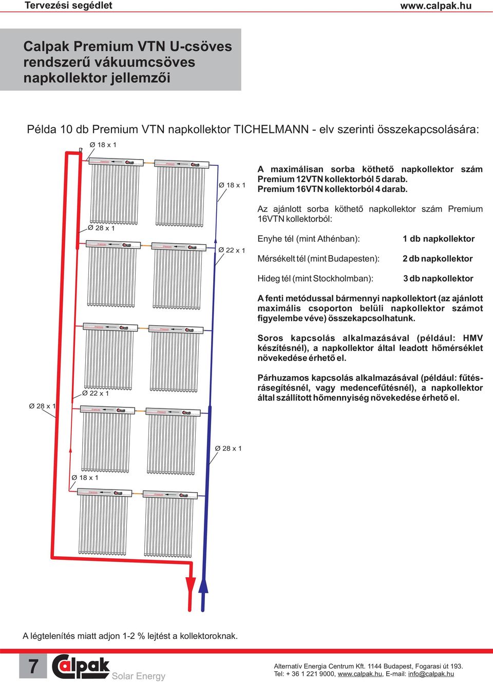 Ø 8 x 1 Ø x 1 Az ajánlott sorba köthető napkollektor szám Premium 16VTN kollektorból: Enyhe tél (mint Athénban): Mérsékelt tél (mint Budapesten): 1 db napkollektor db napkollektor Hideg tél (mint