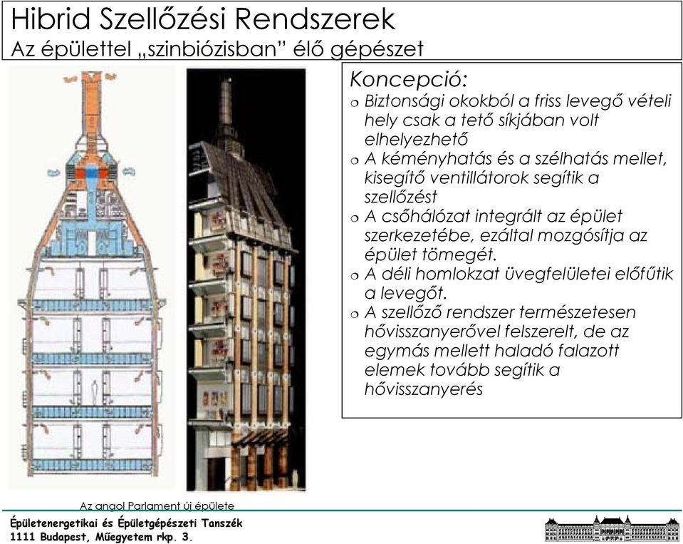 épület szerkezetébe, ezáltal mozgósítja az épület tömegét. A déli homlokzat üvegfelületei előfűtik a levegőt.