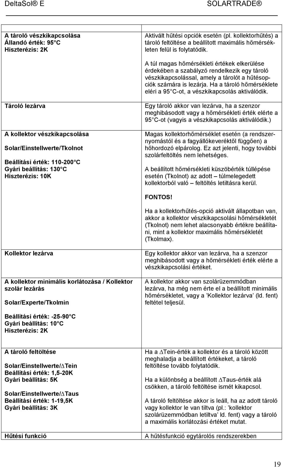 Ha a tároló hőmérséklete eléri a 95 C-ot, a vészkikapcsolás aktiválódik.