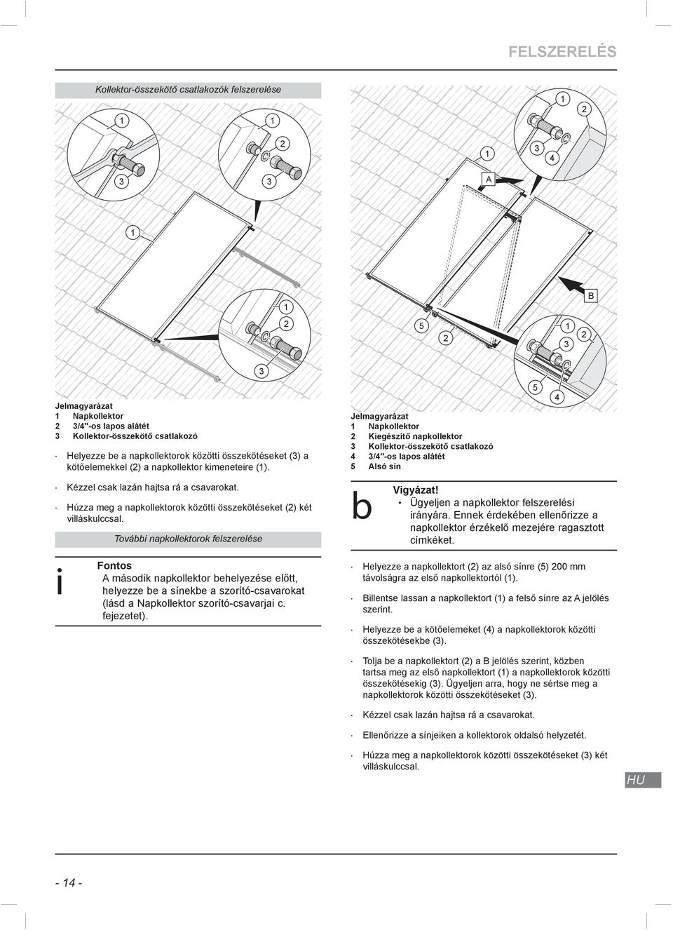 Napkollektor Kiegészítő napkollektor Kollektor-összekötő csatlakozó /"-os lapos alátét Alsó sín b További napkollektorok felszerelése i - - Fontos A második napkollektor behelyezése előtt, helyezze