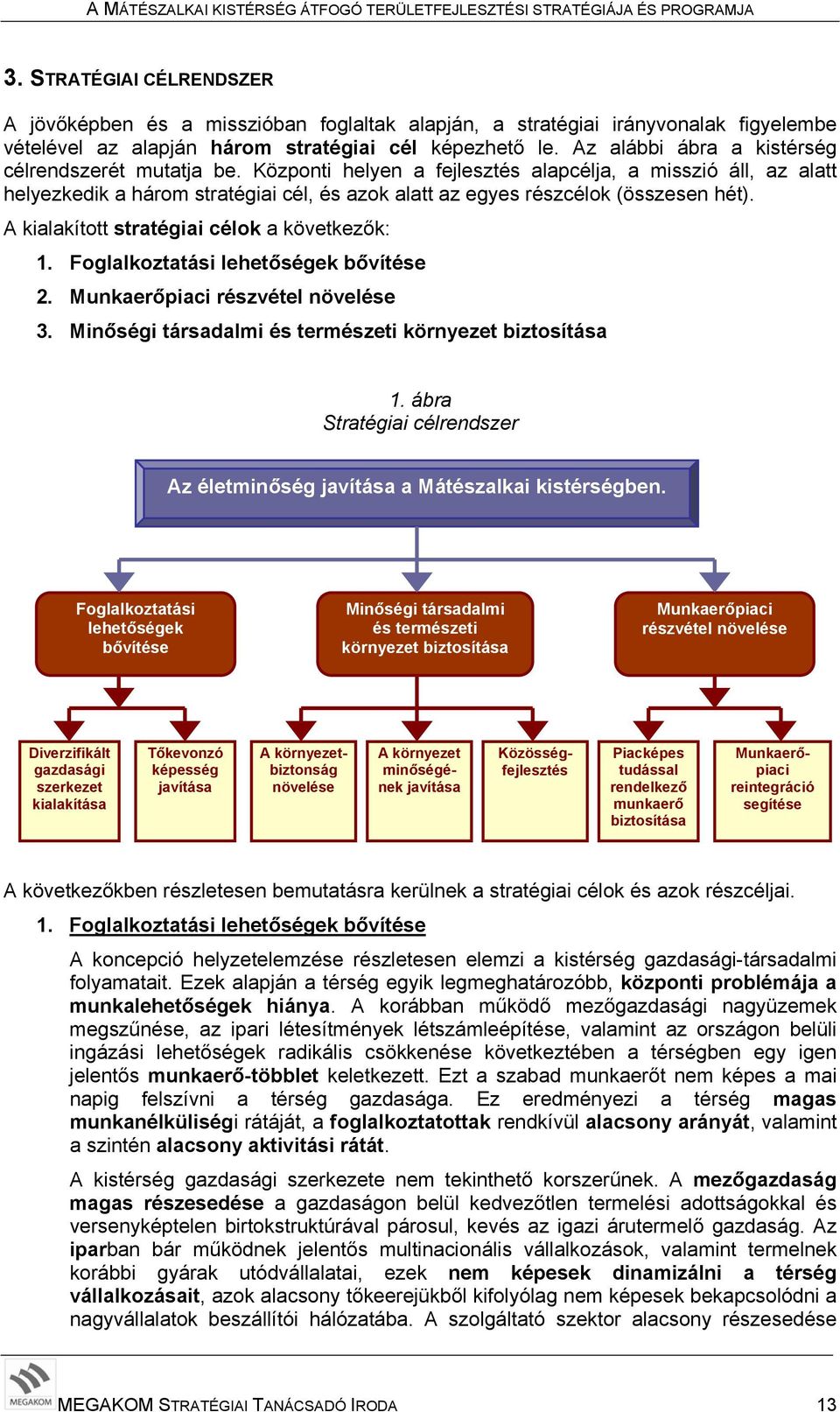 Központi helyen a fejlesztés alapcélja, a misszió áll, az alatt helyezkedik a három stratégiai cél, és azok alatt az egyes részcélok (összesen hét). A kialakított stratégiai célok a következők: 1.